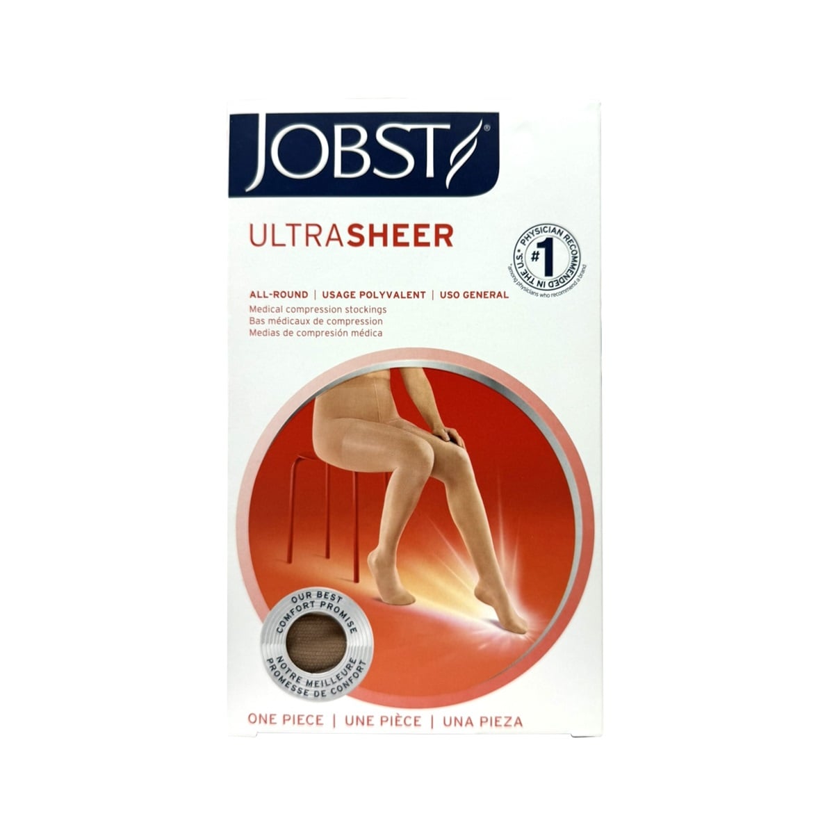 Product label for Jobst UltraSheer Compression Stockings 15-20 mmHg - Waist High / Closed Toe / Natural (Medium)