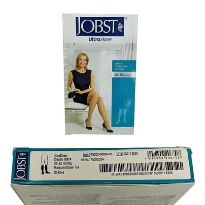 Product label and UPC tag for Jobst UltraSheer Compression Stockings 20-30 mmHg - Knee High / Closed Toe / Black (medium)