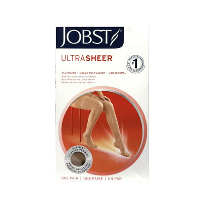 Product label for Jobst UltraSheer Compression Stockings 20-30 mmHg - Waist High / Closed Toe / Natural (Medium)