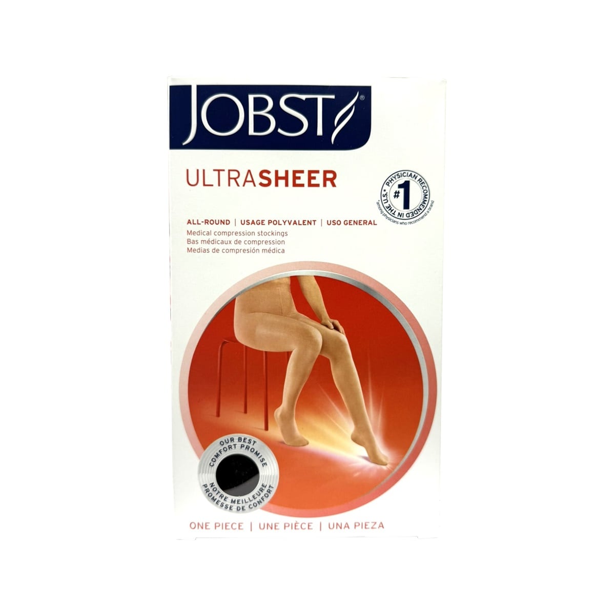 Product label for Jobst UltraSheer Compression Stockings 20-30 mmHg - Waist High / Closed Toe / Black (Medium)