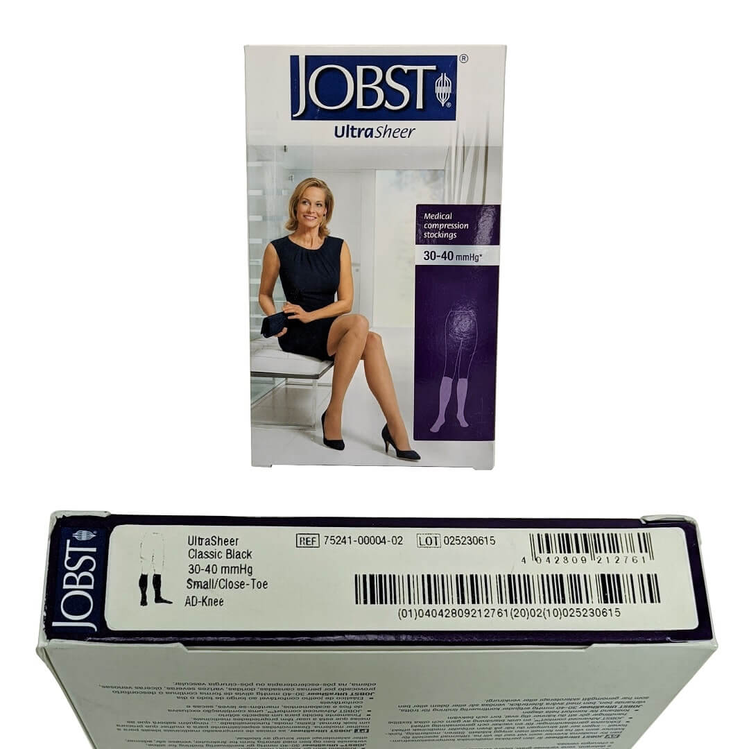 Product label for Jobst UltraSheer Compression Stockings 30-40 mmHg - Knee high / Closed Toe / Black (small)