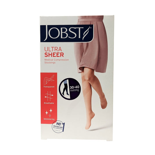 Product label for Jobst UltraSheer Compression Stockings 30-40 mmHg - Thigh High / Silicone Dot Band / Closed Toe / Black (Medium)