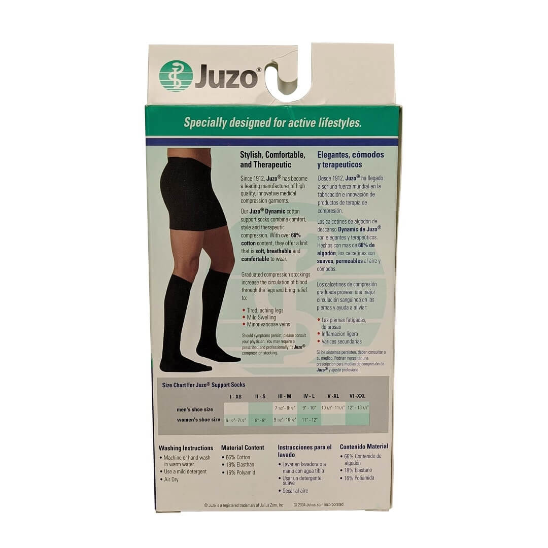 Description and size chart for Juzo Dynamic Support Socks 15-20 mmHg - Knee High / Closed Toe / Black