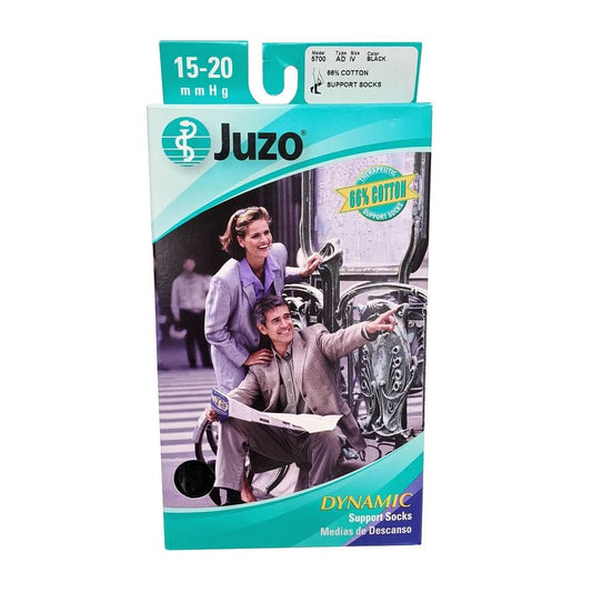 Product label for Juzo Dynamic Support Socks 15-20 mmHg - Knee High / Closed Toe / Black