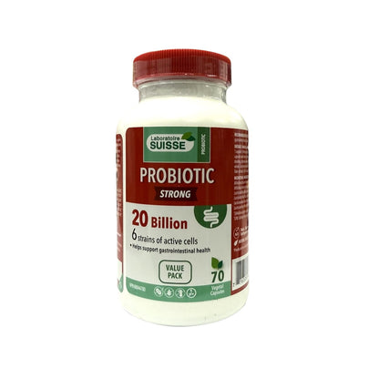 Product label for Laboratoire Suisse Probiotic Strong 20 Billion (70 capsules) in English