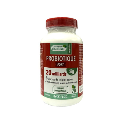 Product label for Laboratoire Suisse Probiotic Strong 20 Billion (70 capsules) in French