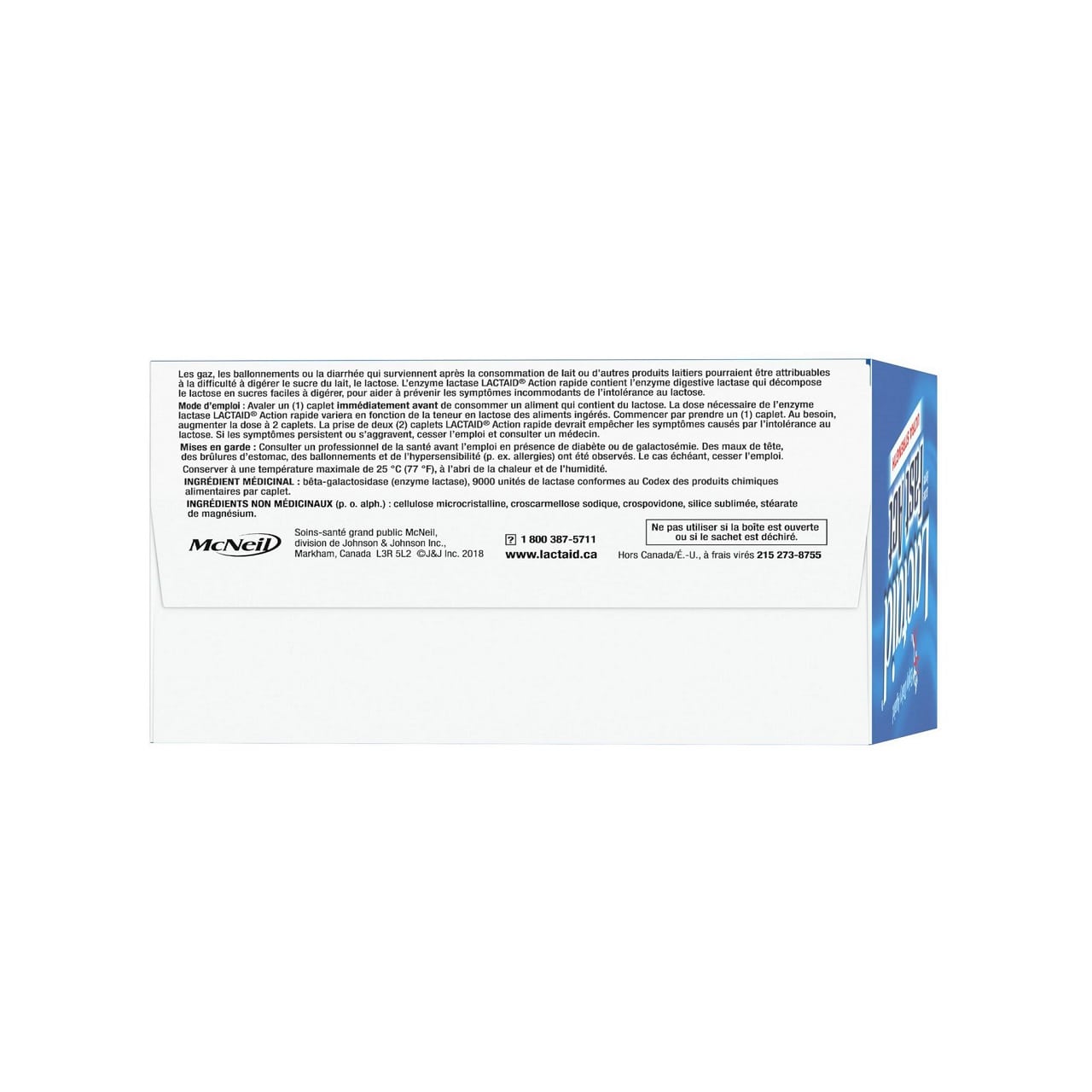 Description, directions, caution, ingredients for Lactaid Ultra Strength Fast Act Lactase Enzyme Caplets (40 caplets) in French