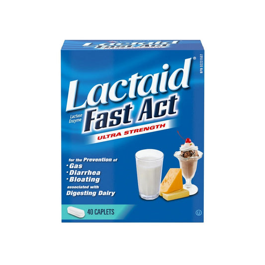 Product label for Lactaid Ultra Strength Fast Act Lactase Enzyme Caplets (40 caplets) in English