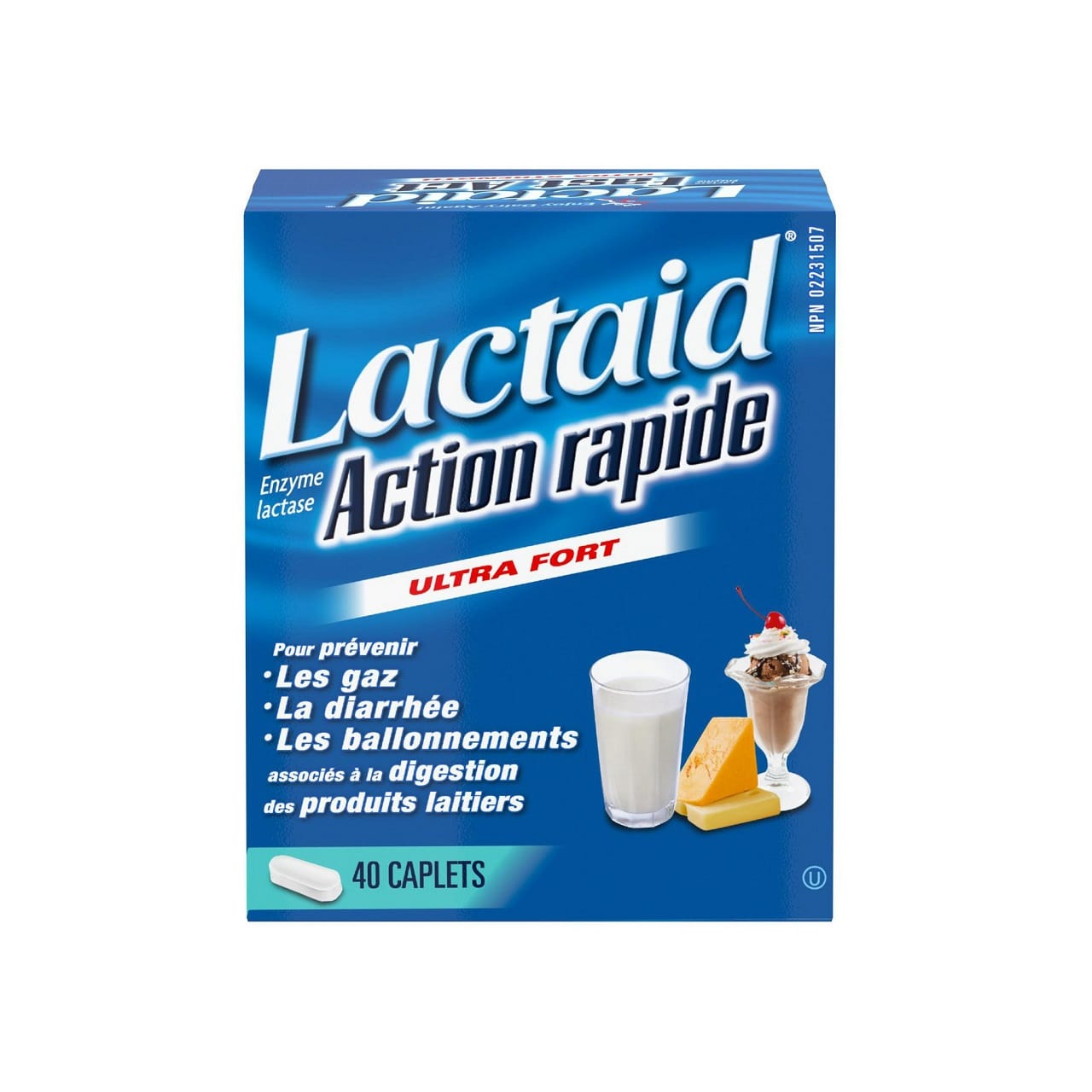 Product label for Lactaid Ultra Strength Fast Act Lactase Enzyme Caplets (40 caplets) in French