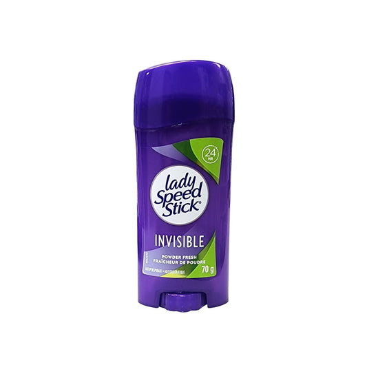 Product label for Lady Speed Stick Invisible Powder Fresh Antiperspirant (70 grams)