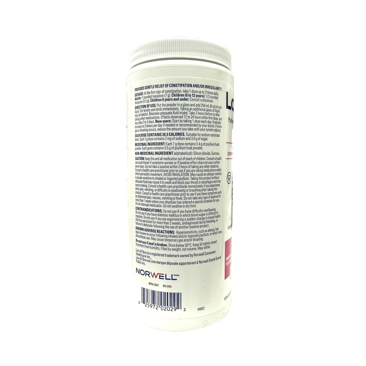 Description, dosage, ingredients, cautions for Lax-A-Fibre Psylium Husk Powder (336 grams) in English