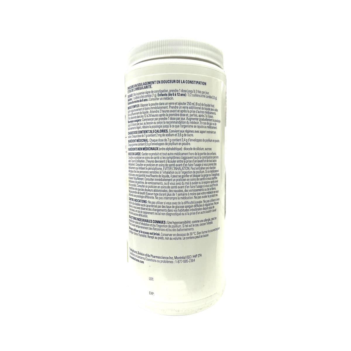 Description, dosage, ingredients, cautions for Lax-A-Fibre Psylium Husk Powder (336 grams) in French