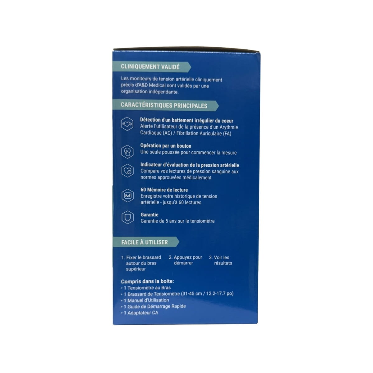Features and instructions for LifeSource Blood Pressure Monitor (for Upper Arm) Large Cuff UA-651CNLAC in French