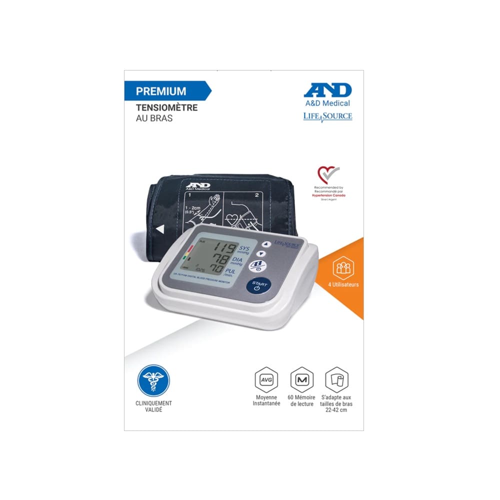 Product label for Life Source Blood Pressure Monitor with Accufit Cuff for 4 Users (for Upper Arm) in French