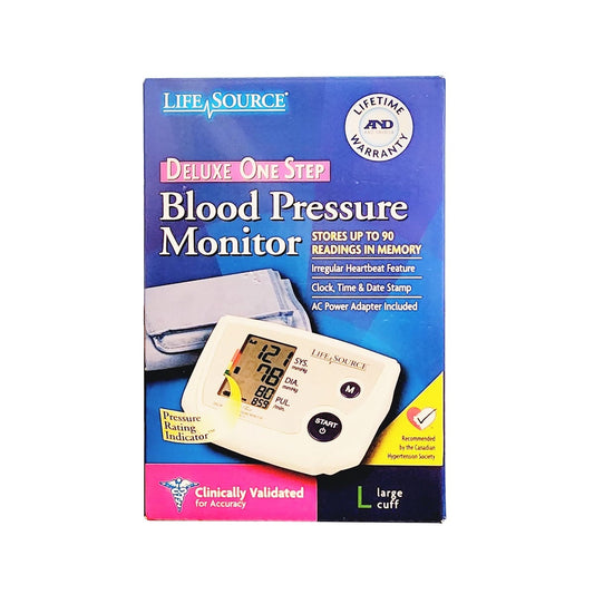 Product label for Life Source Deluxe One Step Blood Pressure Monitor (Large Cuff) in English