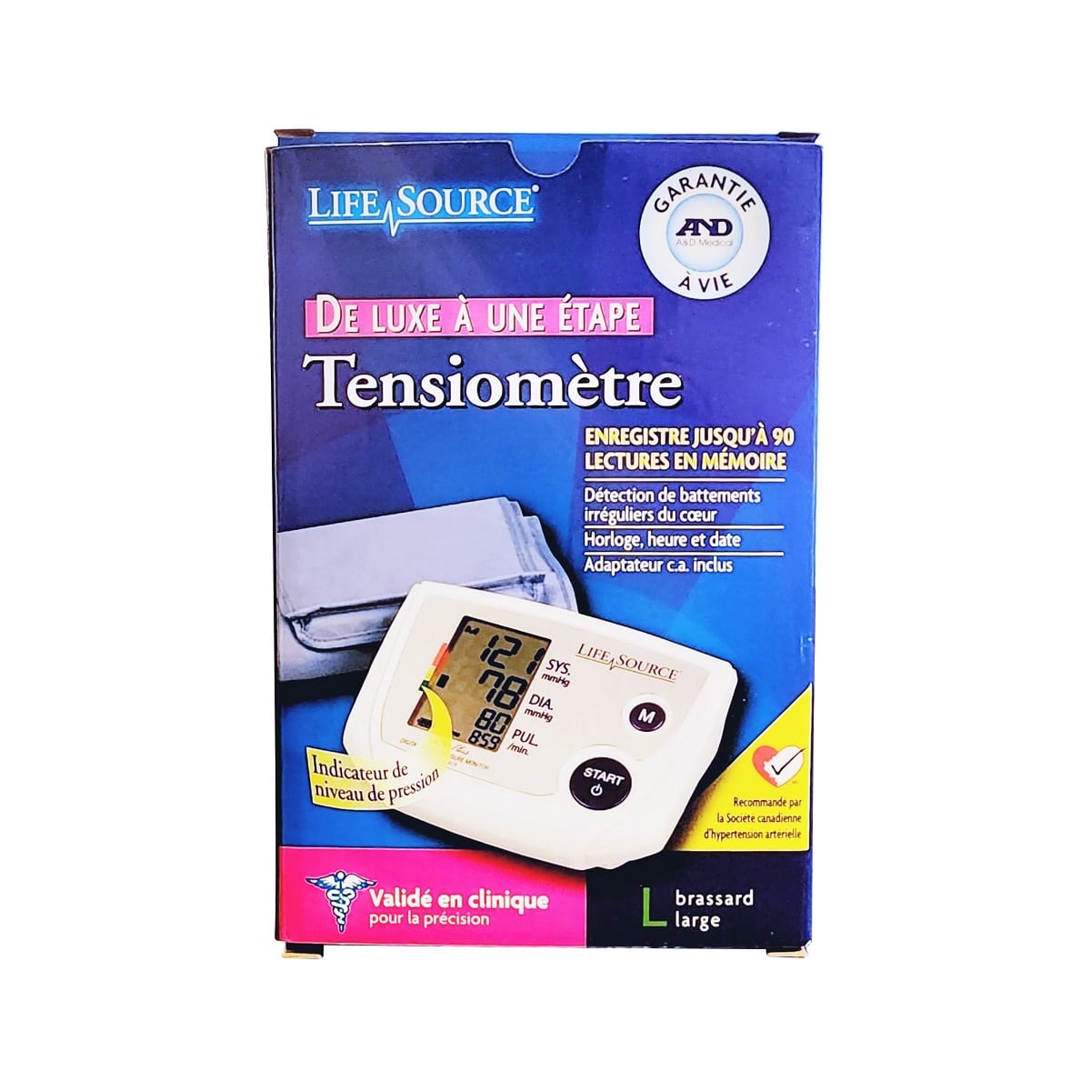 Product label for Life Source Deluxe One Step Blood Pressure Monitor (Large Cuff) in French