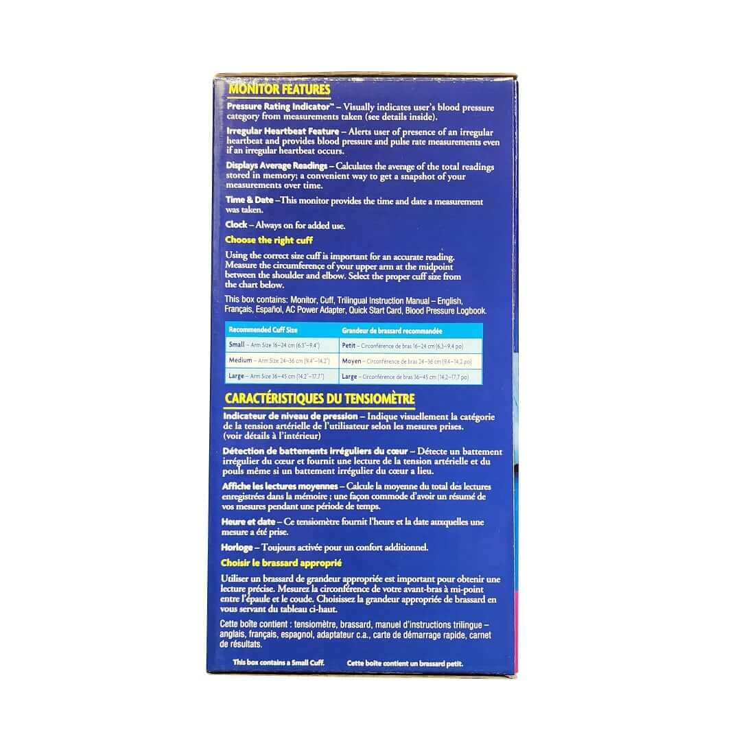 Features and size chart for Life Source Deluxe One Step Blood Pressure Monitor (Small Cuff)