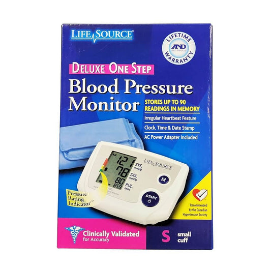 Product label for Life Source Deluxe One Step Blood Pressure Monitor (Small Cuff) in English