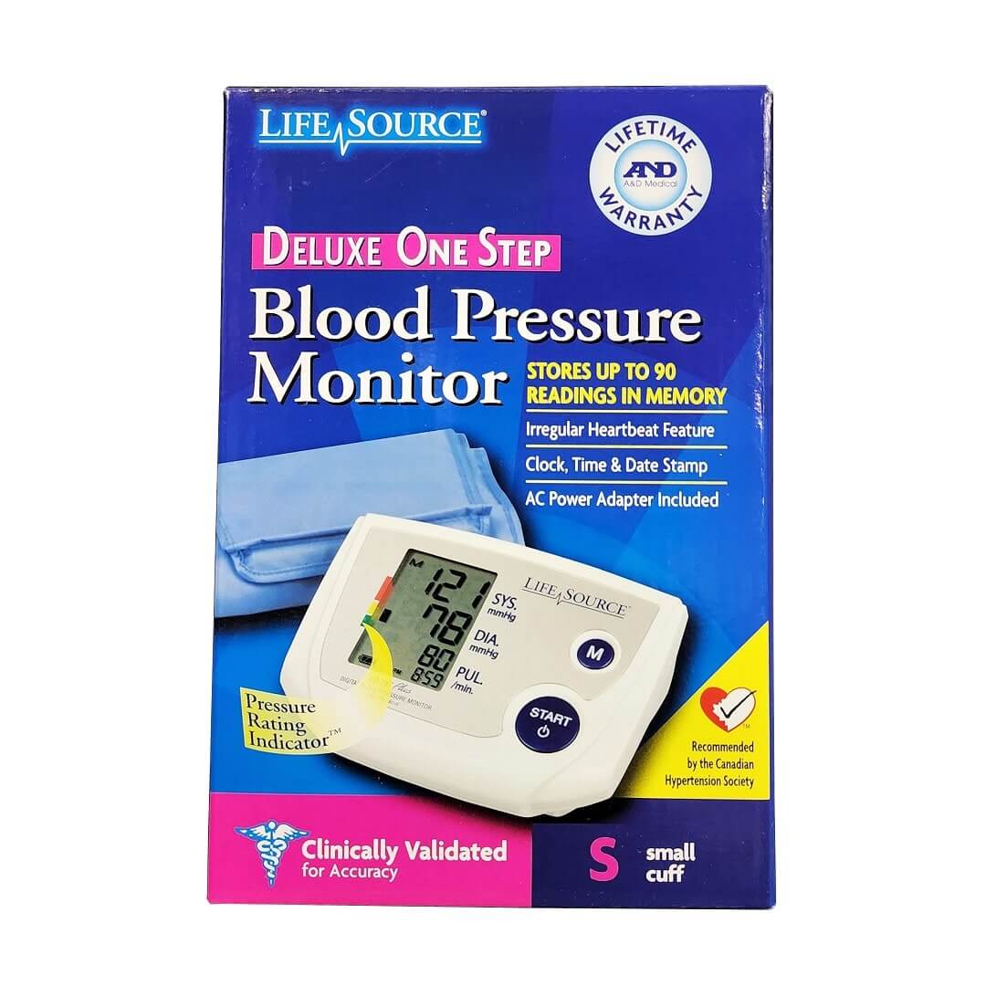 Product label for Life Source Deluxe One Step Blood Pressure Monitor (Small Cuff) in English