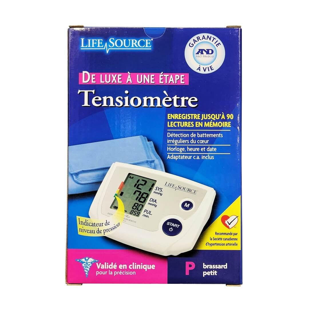 Product label for Life Source Deluxe One Step Blood Pressure Monitor (Small Cuff) in French