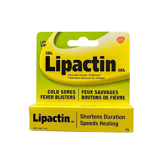 Product label for Lipactin Gel for Cold Sores (3 grams)