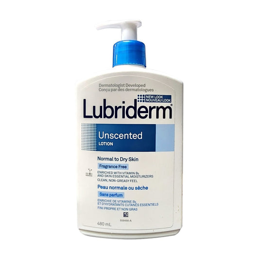 Product label for Lubriderm Unscented Lotion for Normal to Dry Skin (480 mL)