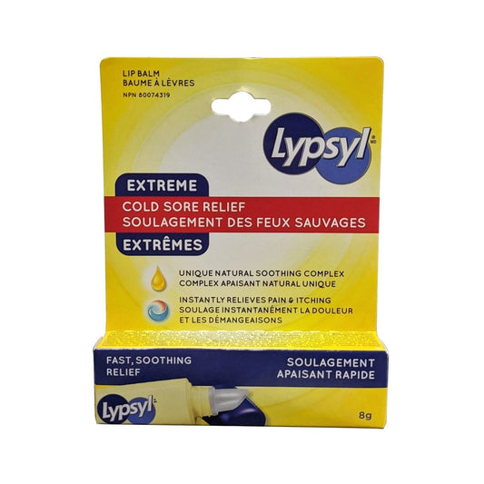 Product label for Lypsyl Lip Balm Extreme Cold Sore Relief (8 grams)