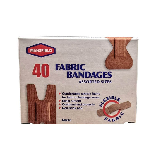 Product label for Mansfield First Aid Fabric Bandages Assorted Sizes (40 bandages) in English