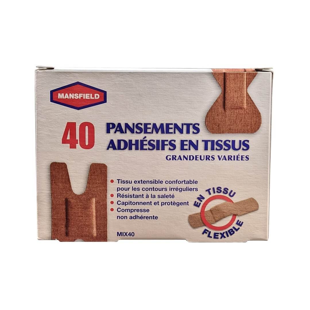 Product label for Mansfield First Aid Fabric Bandages Assorted Sizes (40 bandages) in French