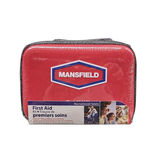 Product label for Mansfield First Aid Kit for Recreational Activities (56 Pieces)
