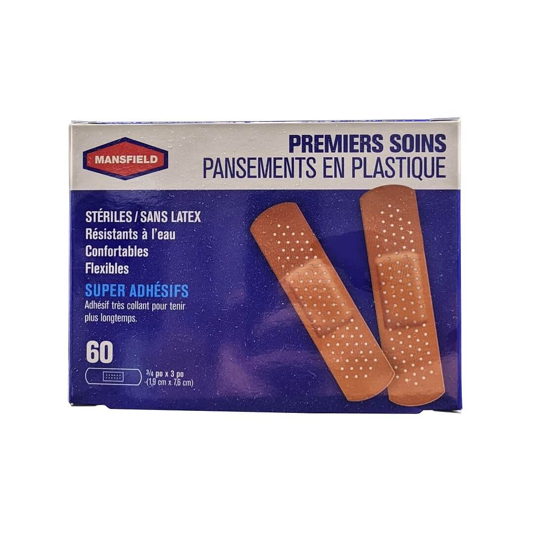 Product label for Mansfield First Aid Plastic Bandages (1.9 cm x 7.6 cm) (60 bandages) in French