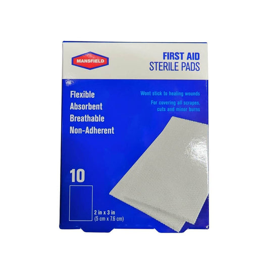 Product label for Mansfield First Aid Sterile Pads (5 cm x 7.6 cm) (10 pads) in English