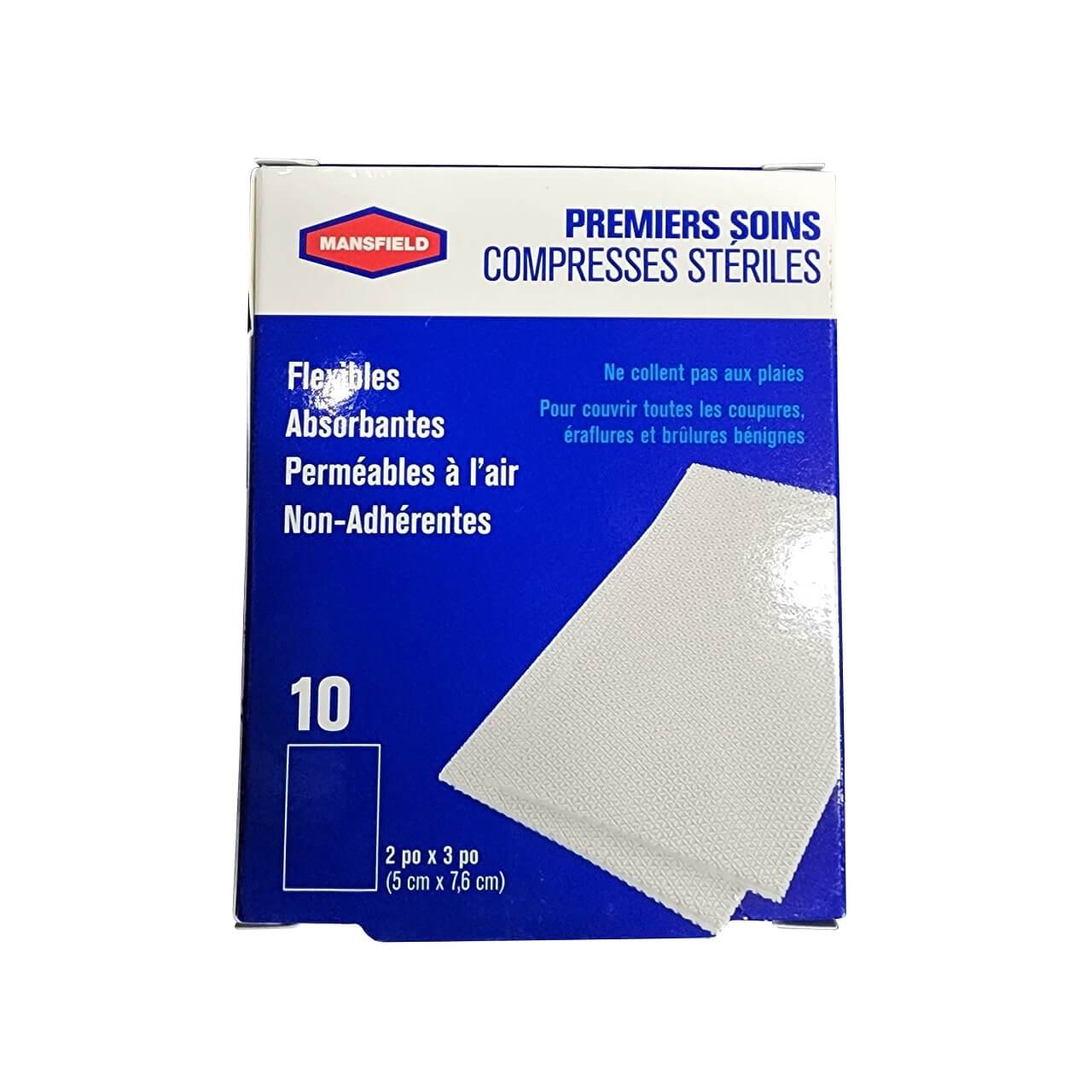 Product label for Mansfield First Aid Sterile Pads (5 cm x 7.6 cm) (10 pads) in French