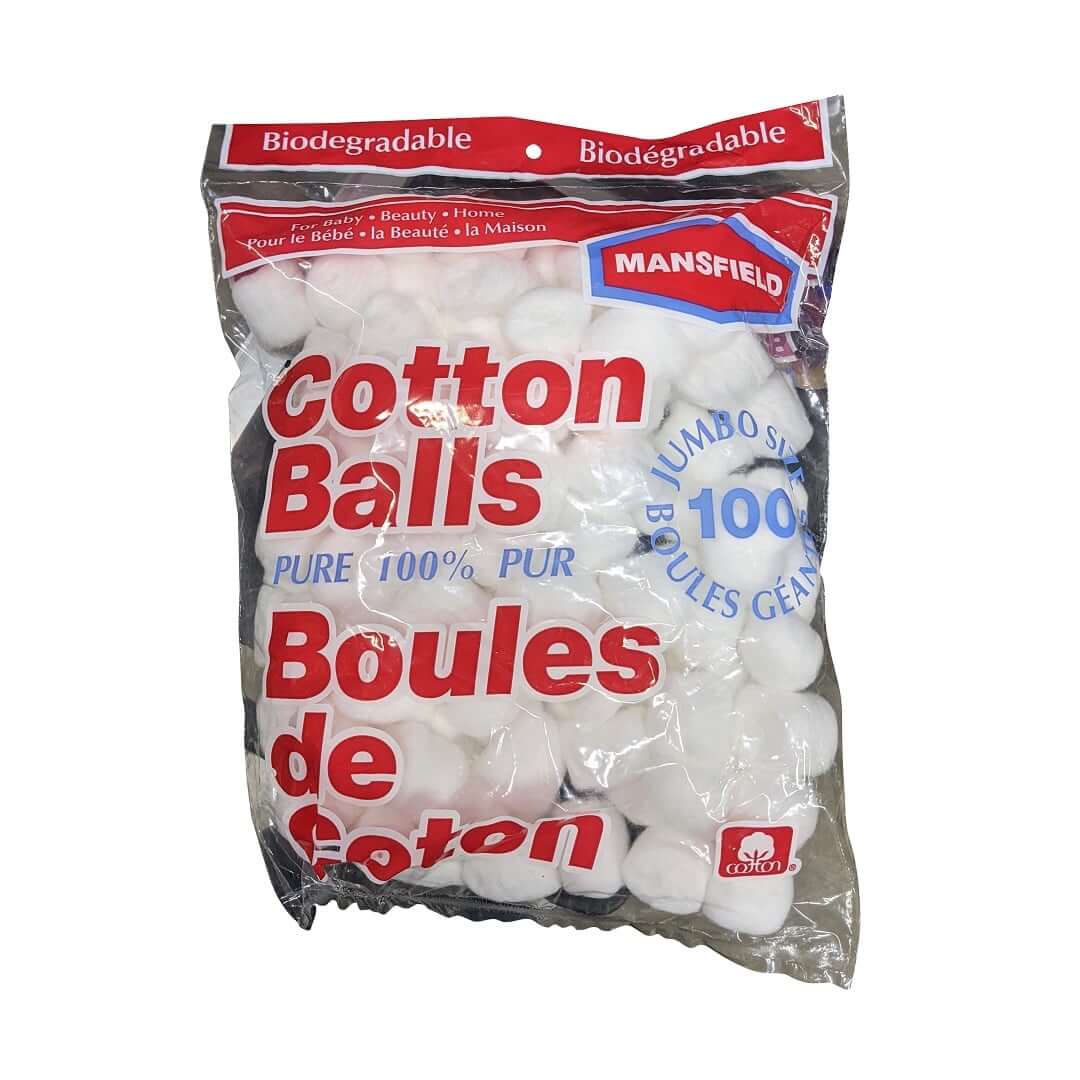 Product label for Mansfield Regular Size 100% Cotton Balls (100 count)