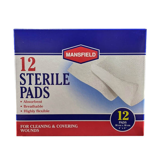 Product label for Mansfield First Aid Sterile Pads (10 cm x 10 cm) (12 pads) in English