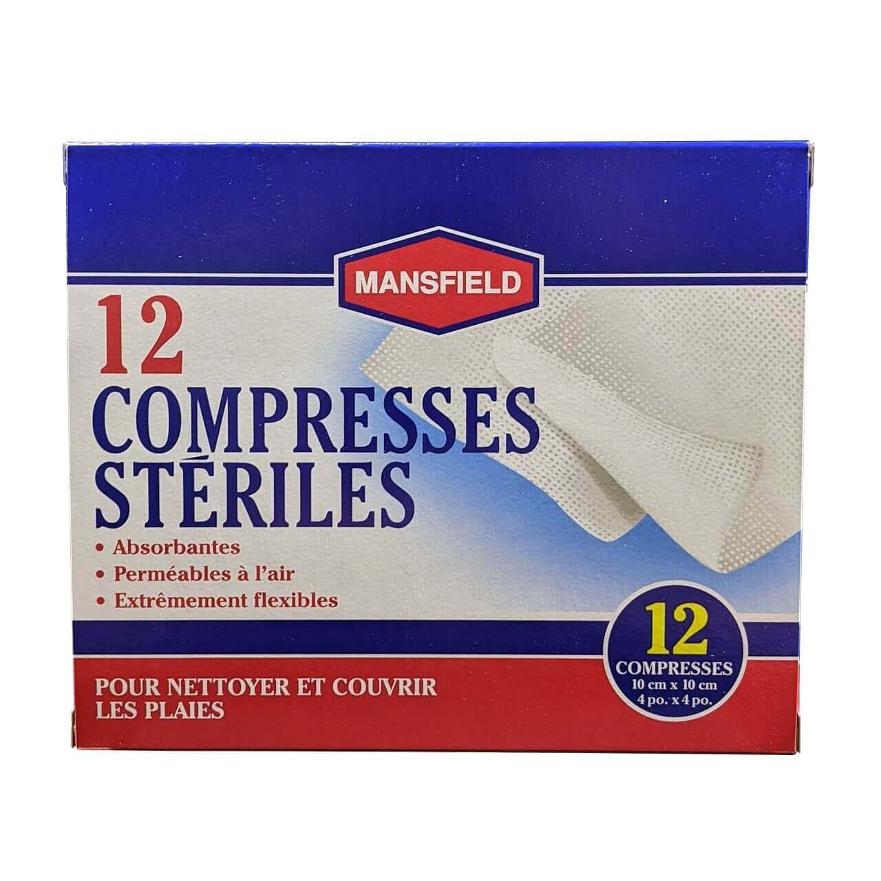 Product label for Mansfield First Aid Sterile Pads (10 cm x 10 cm) (12 pads) in French