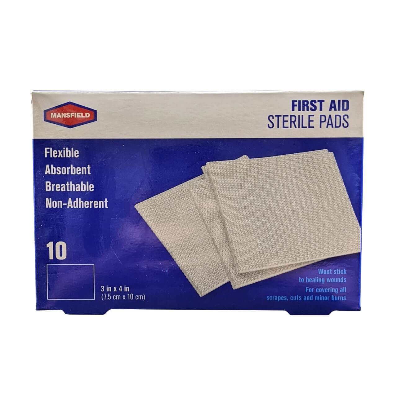 Product label for Mansfield First Aid Sterile Pads (7.5 cm x 10 cm) (10 pads) in English