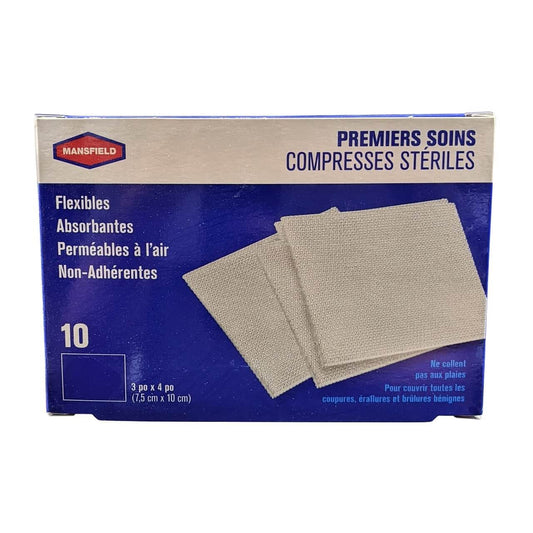 Product label for Mansfield First Aid Sterile Pads (7.5 cm x 10 cm) (10 pads) in French