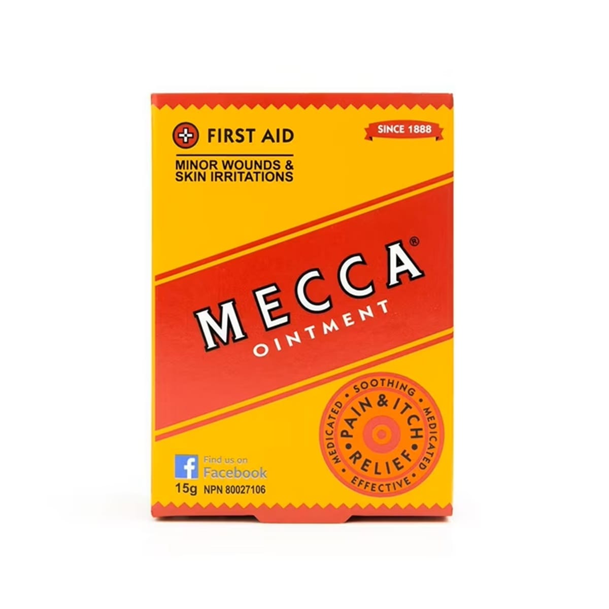 Product label for Mecca First Aid Ointment (15 grams) in English