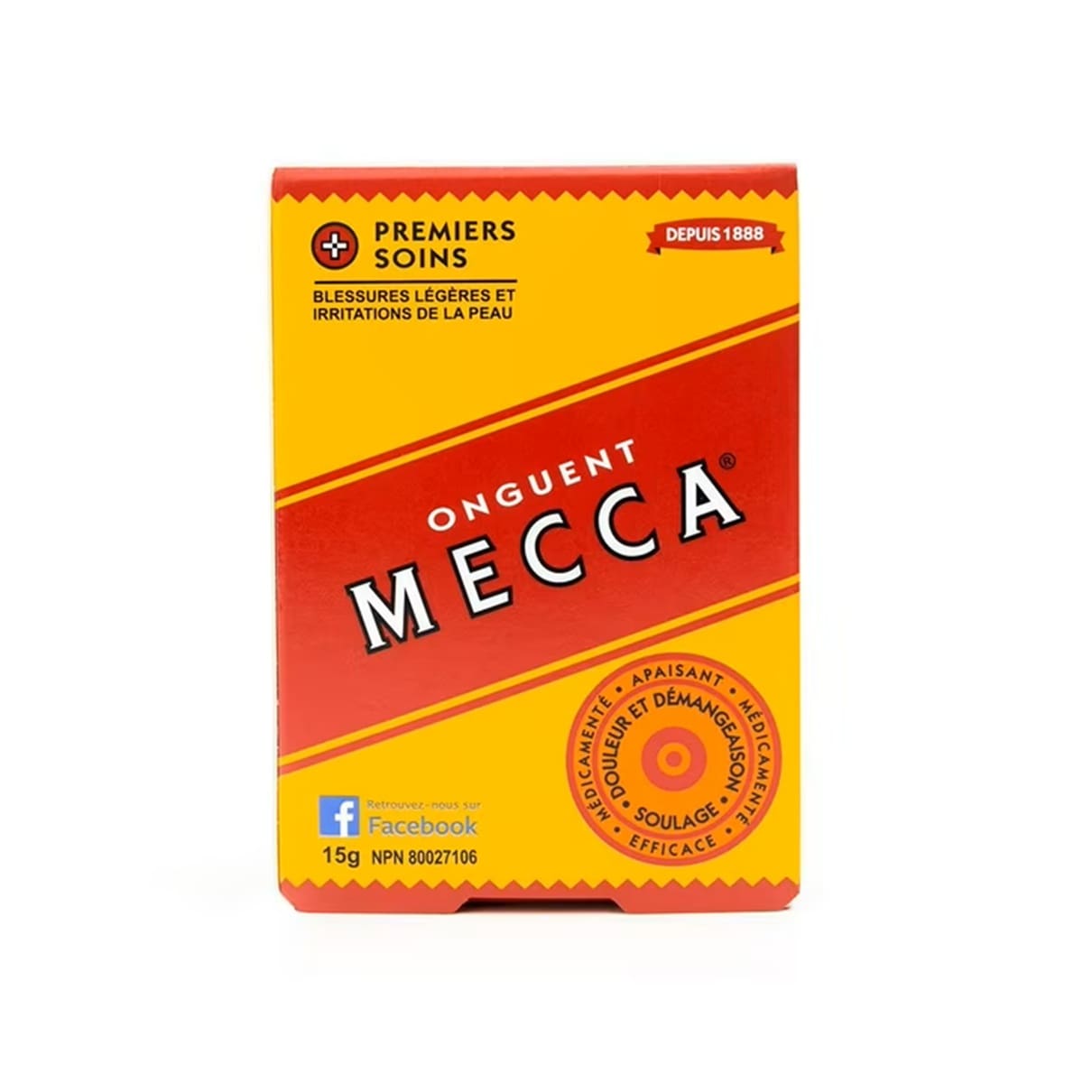 Product label for Mecca First Aid Ointment (15 grams) in French