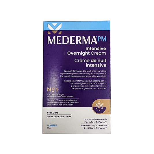 Product label for Mederma PM Overnight Cream Scar Care (30 grams)