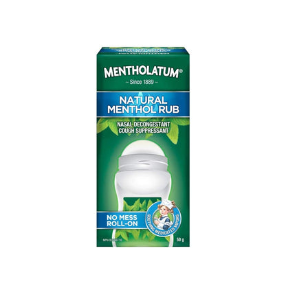 Product label for Mentholatum Natural Menthol Rub Roll-On (50 grams) in English