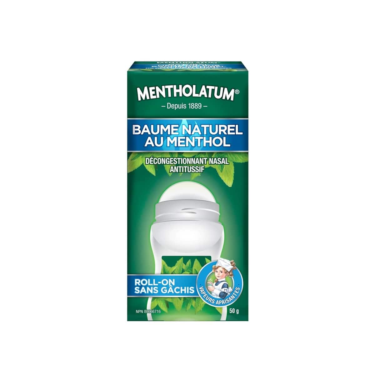 Product label for Mentholatum Natural Menthol Rub Roll-On (50 grams) in French