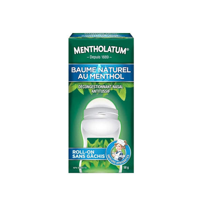 Product label for Mentholatum Natural Menthol Rub Roll-On (50 grams) in French