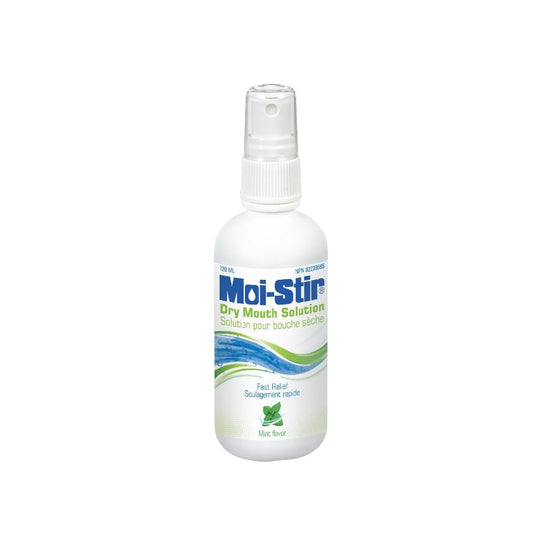 Product label for Moi-Stir Dry Mouth Solution Mint Flavour (120 mL)