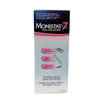 Product label for Monistat 7 Dual-Pak (Suppositories + External Cream) vertical.