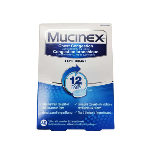 Product label for Mucinex Expectorant Tablets for Chest Congestion Guaifenesin 600mg (40 tablets)