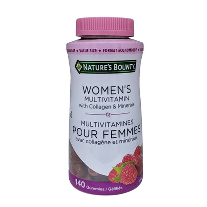 Product label for Nature's Bounty Women's Multivitamin with Collagen and Minerals (140 gummies)