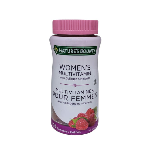 Product label for Nature's Bounty Women's Multivitamin with Collagen and Minerals (70 gummies)