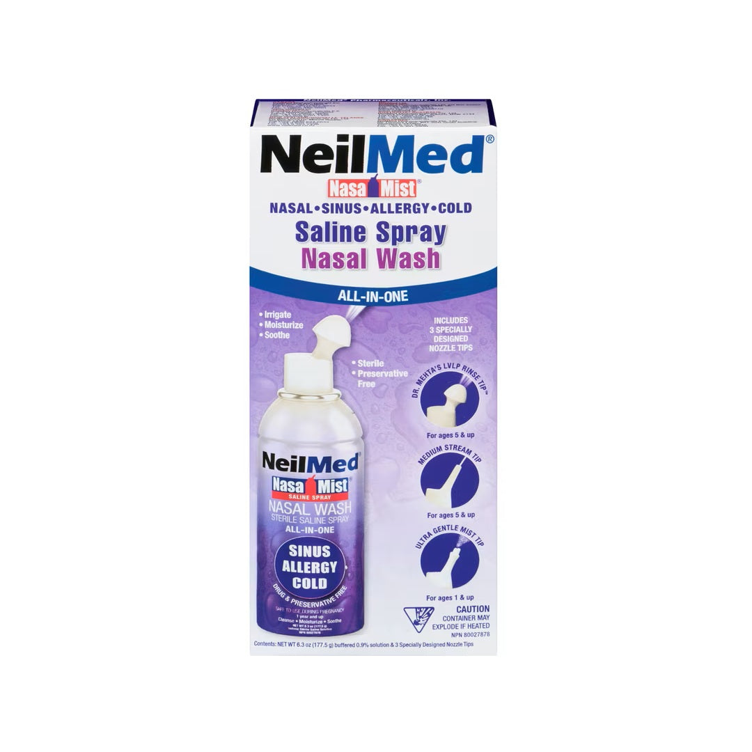 Product label for Neilmed NasaMist Saline Spray Nasal Wash All-in-One (177 grams)